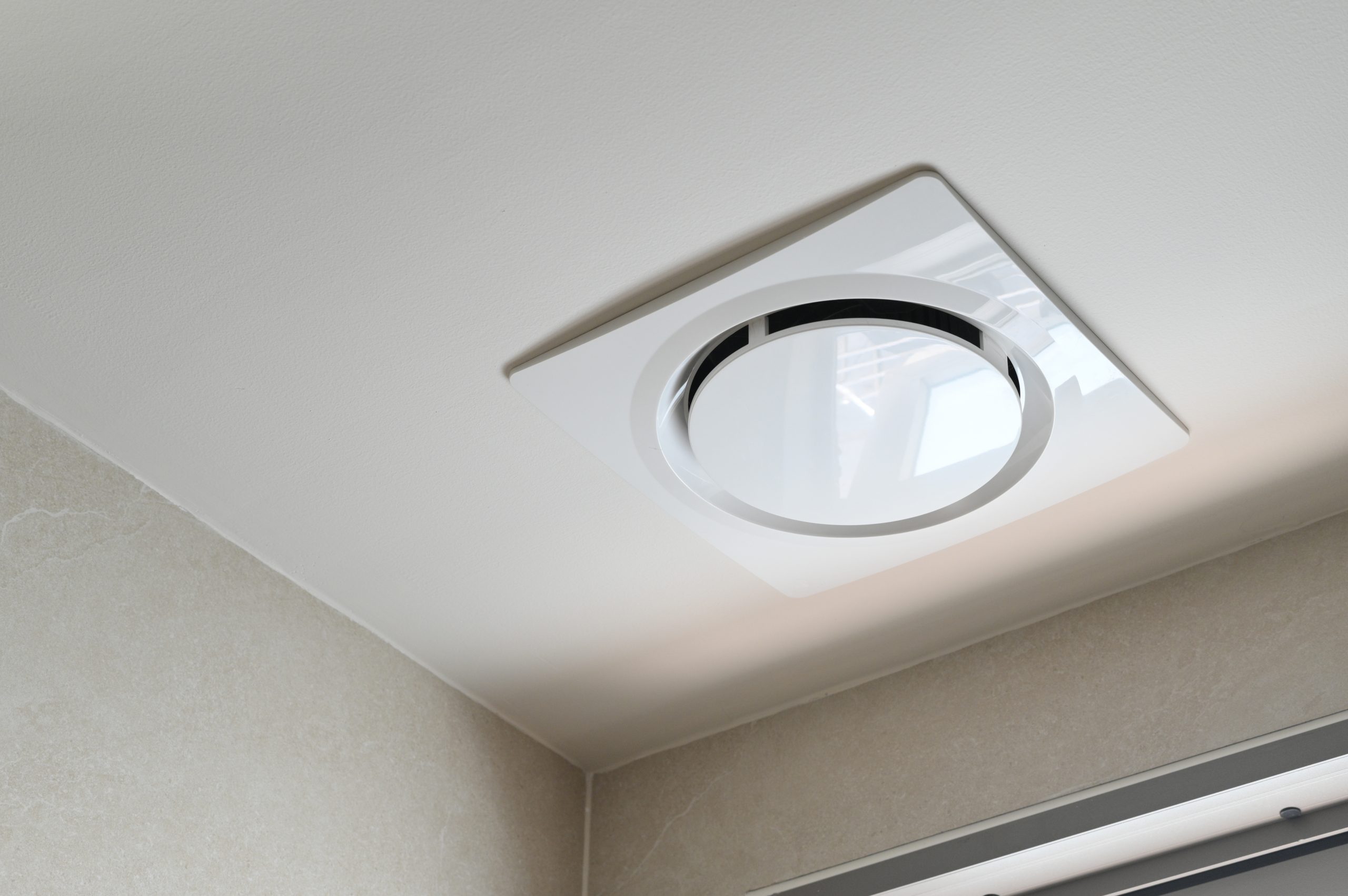 Modern ceiling ventilation fan, white square design, installed in bathroom ceiling, minimalistic style, clean lines, efficient air circulation, contemporary ... See More